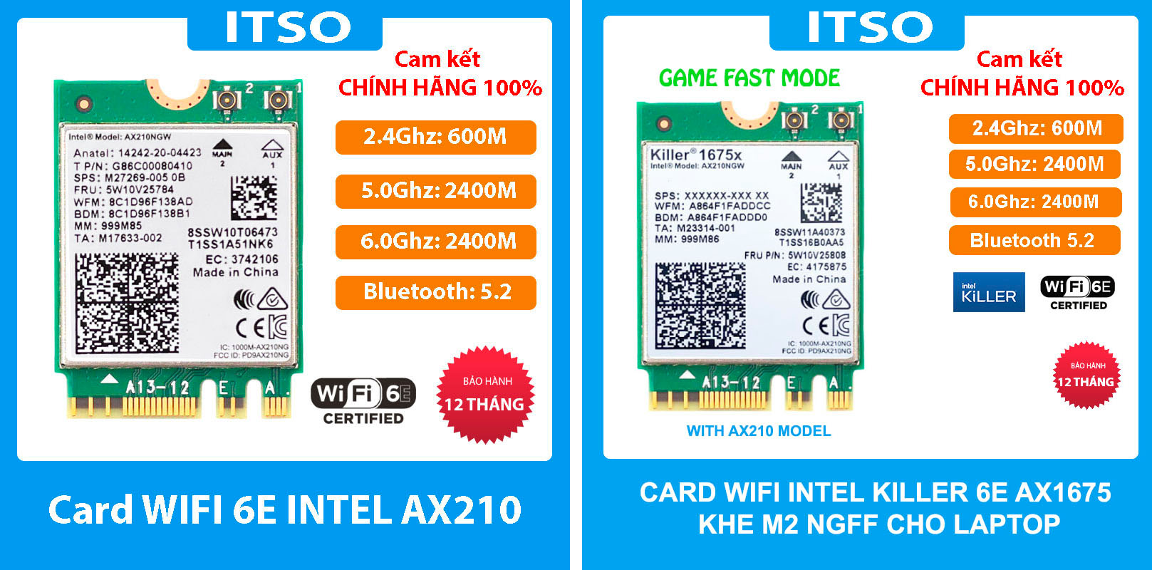 Card WIFI Intel 6E AX210 / Card WIFI Intel 6E Killer AX1675 mua kèm bộ anten